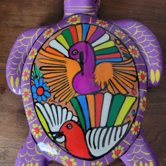 Disney Parks 10.5" Painted Terra Cotta Sea Turtle Vibrant with Birds Mexico - Picture 2 of 6